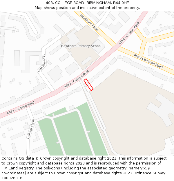 403, COLLEGE ROAD, BIRMINGHAM, B44 0HE: Location map and indicative extent of plot