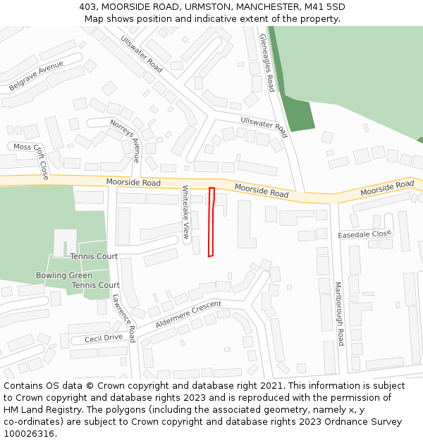 403, MOORSIDE ROAD, URMSTON, MANCHESTER, M41 5SD: Location map and indicative extent of plot