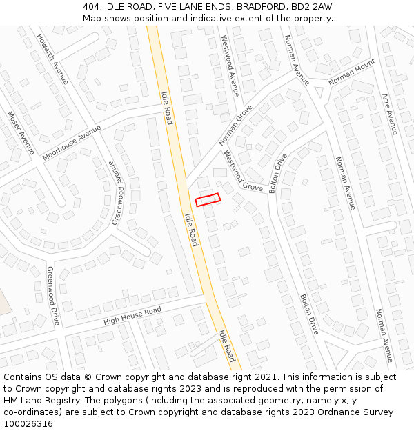 404, IDLE ROAD, FIVE LANE ENDS, BRADFORD, BD2 2AW: Location map and indicative extent of plot