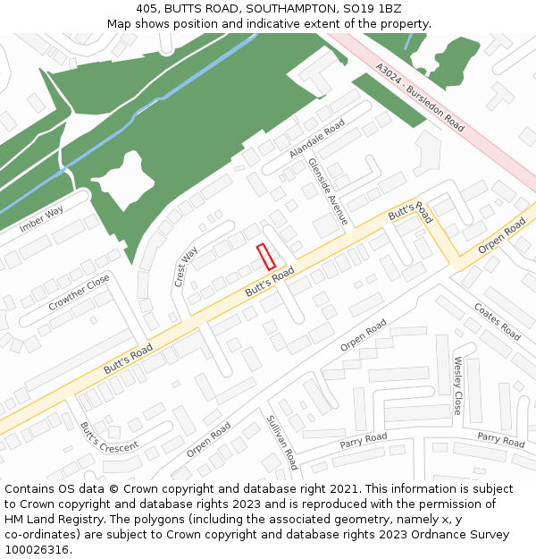 405, BUTTS ROAD, SOUTHAMPTON, SO19 1BZ: Location map and indicative extent of plot