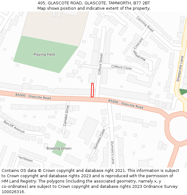 405, GLASCOTE ROAD, GLASCOTE, TAMWORTH, B77 2BT: Location map and indicative extent of plot