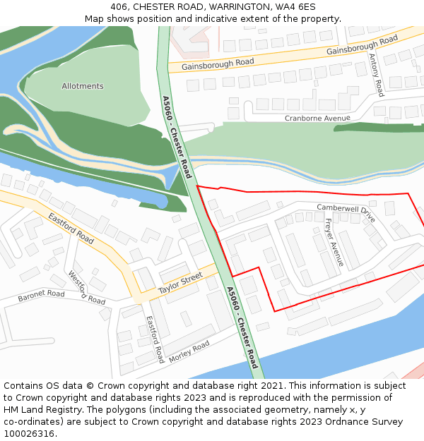 406, CHESTER ROAD, WARRINGTON, WA4 6ES: Location map and indicative extent of plot