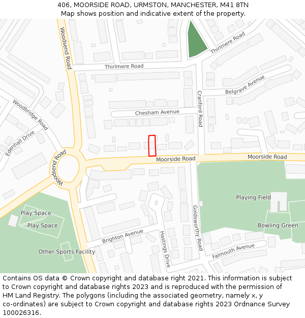 406, MOORSIDE ROAD, URMSTON, MANCHESTER, M41 8TN: Location map and indicative extent of plot