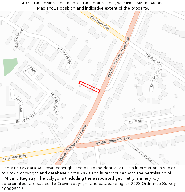 407, FINCHAMPSTEAD ROAD, FINCHAMPSTEAD, WOKINGHAM, RG40 3RL: Location map and indicative extent of plot