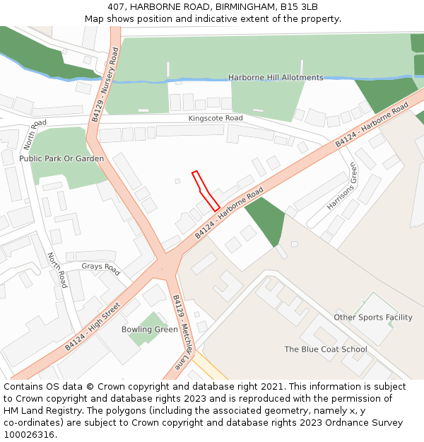 407, HARBORNE ROAD, BIRMINGHAM, B15 3LB: Location map and indicative extent of plot