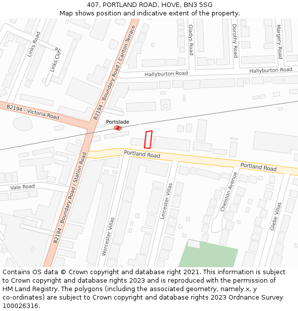 407, PORTLAND ROAD, HOVE, BN3 5SG: Location map and indicative extent of plot