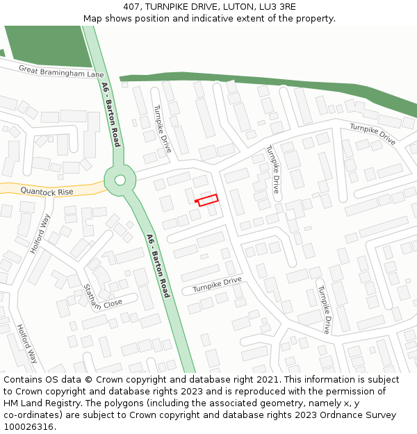 407, TURNPIKE DRIVE, LUTON, LU3 3RE: Location map and indicative extent of plot