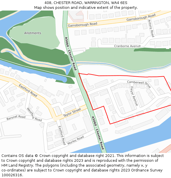 408, CHESTER ROAD, WARRINGTON, WA4 6ES: Location map and indicative extent of plot