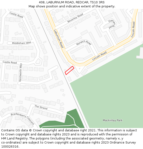 408, LABURNUM ROAD, REDCAR, TS10 3RS: Location map and indicative extent of plot