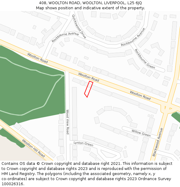 408, WOOLTON ROAD, WOOLTON, LIVERPOOL, L25 6JQ: Location map and indicative extent of plot