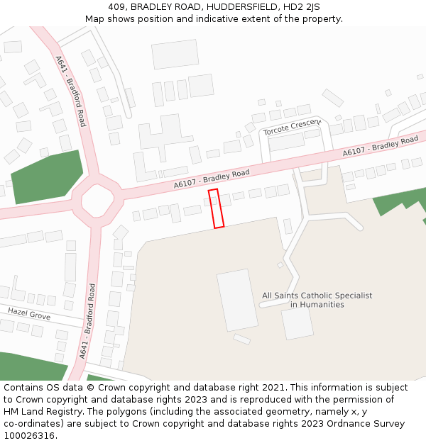 409, BRADLEY ROAD, HUDDERSFIELD, HD2 2JS: Location map and indicative extent of plot