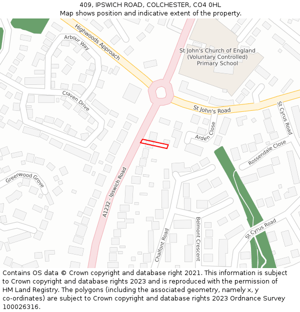 409, IPSWICH ROAD, COLCHESTER, CO4 0HL: Location map and indicative extent of plot