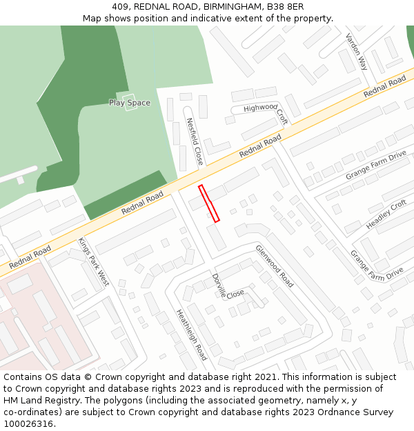 409, REDNAL ROAD, BIRMINGHAM, B38 8ER: Location map and indicative extent of plot