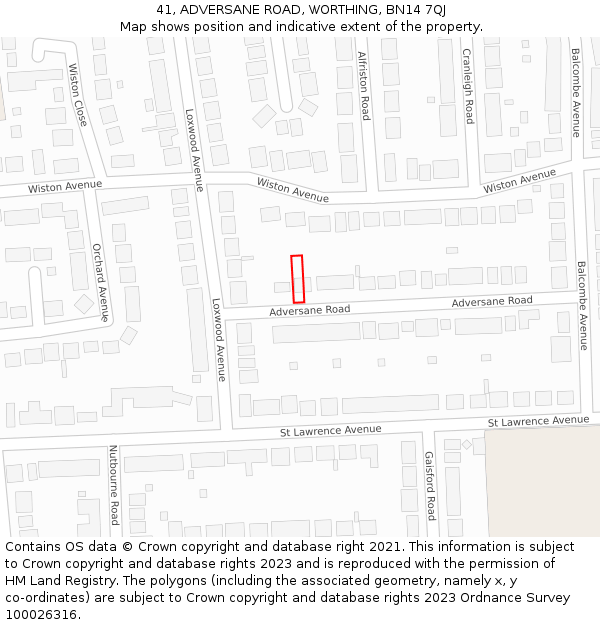 41, ADVERSANE ROAD, WORTHING, BN14 7QJ: Location map and indicative extent of plot