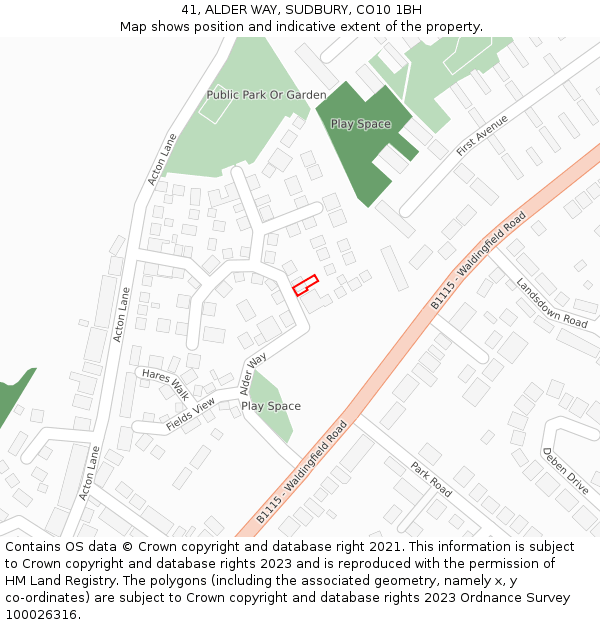 41, ALDER WAY, SUDBURY, CO10 1BH: Location map and indicative extent of plot