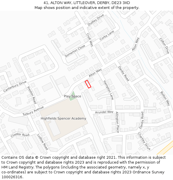 41, ALTON WAY, LITTLEOVER, DERBY, DE23 3XD: Location map and indicative extent of plot