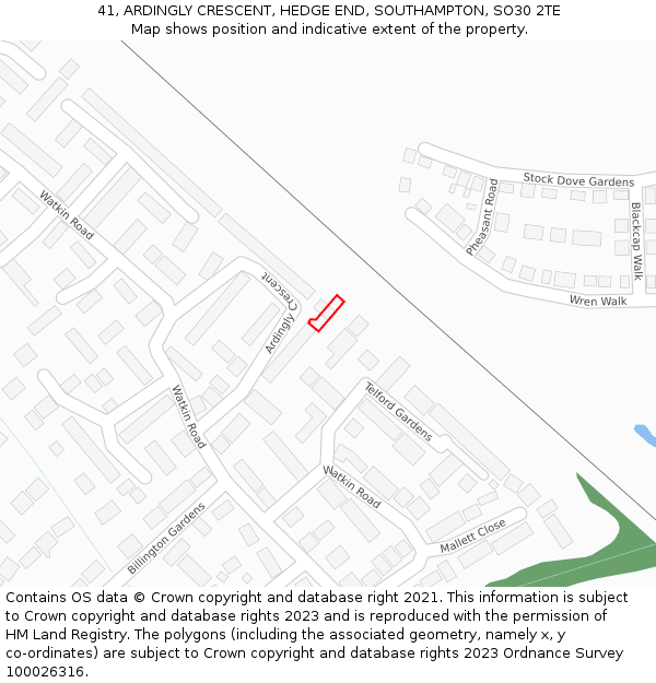 41, ARDINGLY CRESCENT, HEDGE END, SOUTHAMPTON, SO30 2TE: Location map and indicative extent of plot
