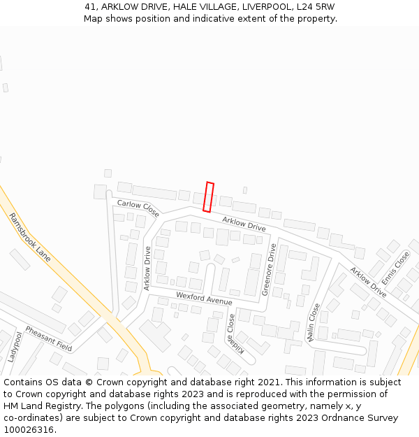 41, ARKLOW DRIVE, HALE VILLAGE, LIVERPOOL, L24 5RW: Location map and indicative extent of plot