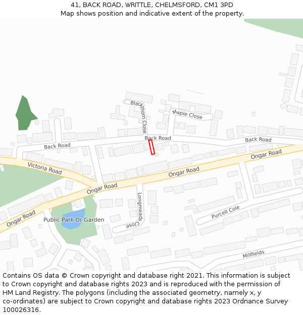 41, BACK ROAD, WRITTLE, CHELMSFORD, CM1 3PD: Location map and indicative extent of plot