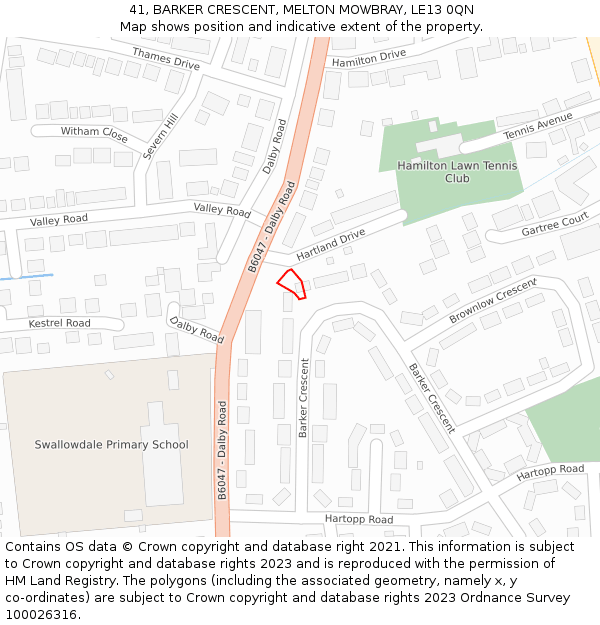 41, BARKER CRESCENT, MELTON MOWBRAY, LE13 0QN: Location map and indicative extent of plot