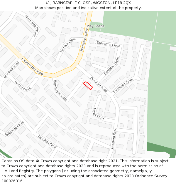 41, BARNSTAPLE CLOSE, WIGSTON, LE18 2QX: Location map and indicative extent of plot