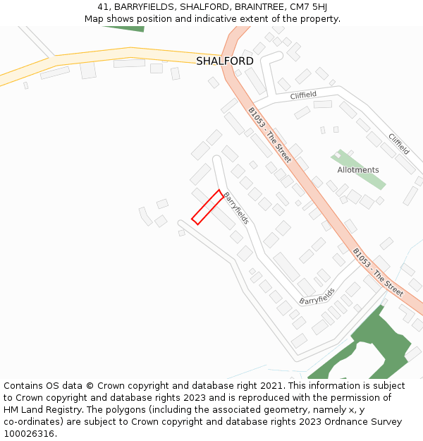 41, BARRYFIELDS, SHALFORD, BRAINTREE, CM7 5HJ: Location map and indicative extent of plot