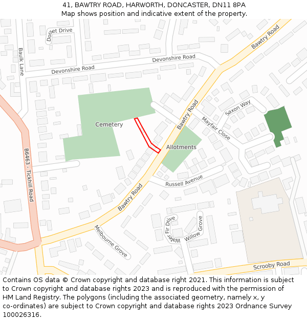 41, BAWTRY ROAD, HARWORTH, DONCASTER, DN11 8PA: Location map and indicative extent of plot