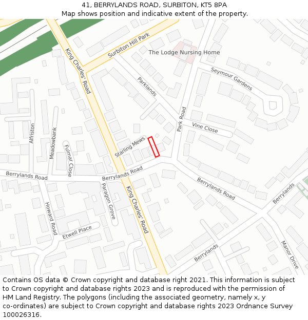 41, BERRYLANDS ROAD, SURBITON, KT5 8PA: Location map and indicative extent of plot