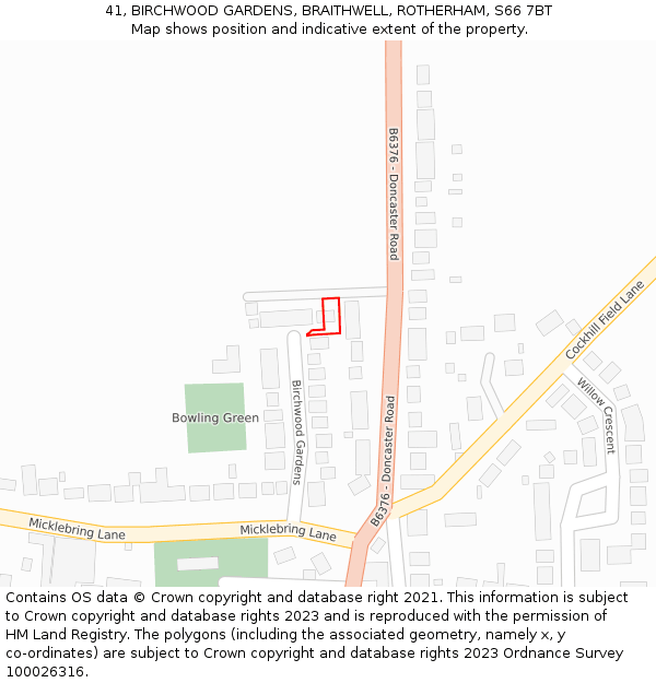 41, BIRCHWOOD GARDENS, BRAITHWELL, ROTHERHAM, S66 7BT: Location map and indicative extent of plot