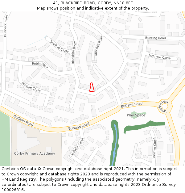 41, BLACKBIRD ROAD, CORBY, NN18 8FE: Location map and indicative extent of plot