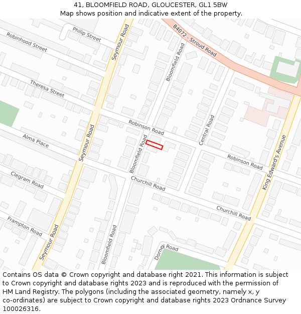 41, BLOOMFIELD ROAD, GLOUCESTER, GL1 5BW: Location map and indicative extent of plot