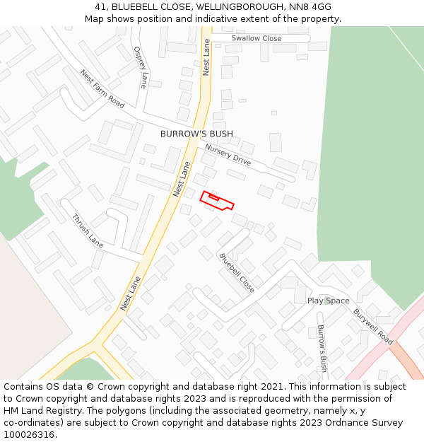 41, BLUEBELL CLOSE, WELLINGBOROUGH, NN8 4GG: Location map and indicative extent of plot