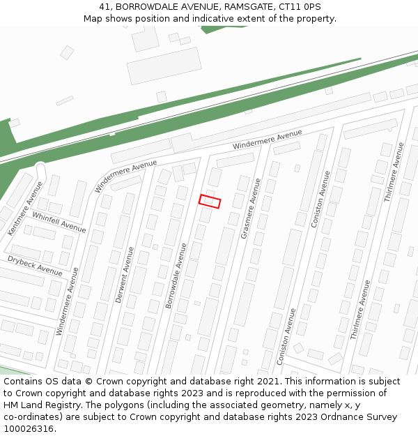 41, BORROWDALE AVENUE, RAMSGATE, CT11 0PS: Location map and indicative extent of plot