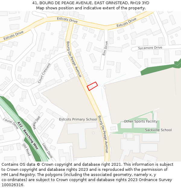 41, BOURG DE PEAGE AVENUE, EAST GRINSTEAD, RH19 3YD: Location map and indicative extent of plot