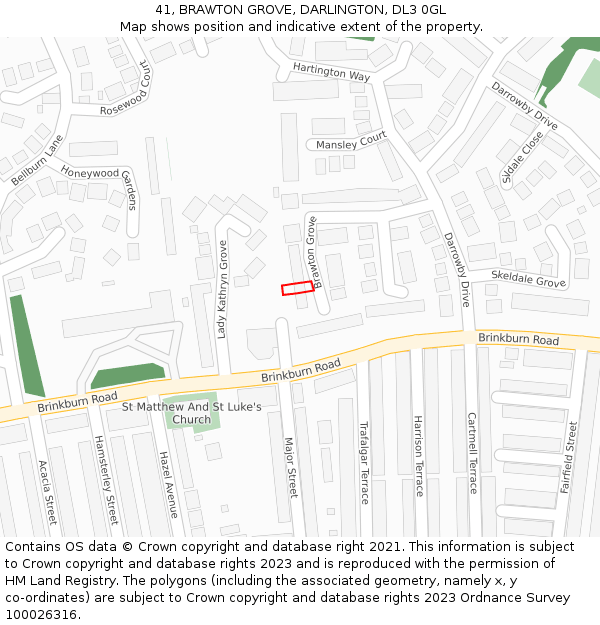 41, BRAWTON GROVE, DARLINGTON, DL3 0GL: Location map and indicative extent of plot