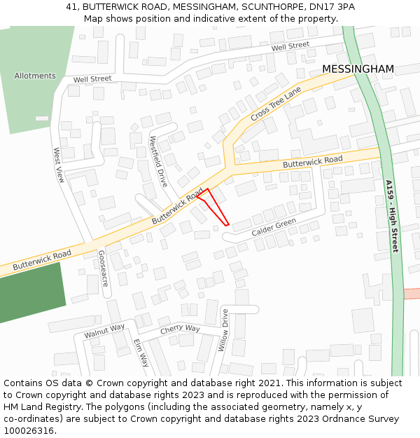 41, BUTTERWICK ROAD, MESSINGHAM, SCUNTHORPE, DN17 3PA: Location map and indicative extent of plot