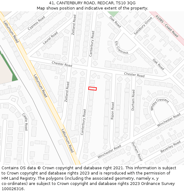 41, CANTERBURY ROAD, REDCAR, TS10 3QG: Location map and indicative extent of plot