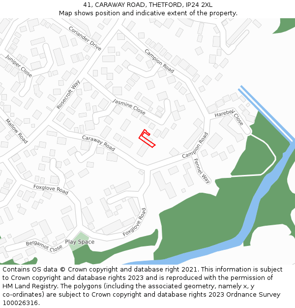 41, CARAWAY ROAD, THETFORD, IP24 2XL: Location map and indicative extent of plot