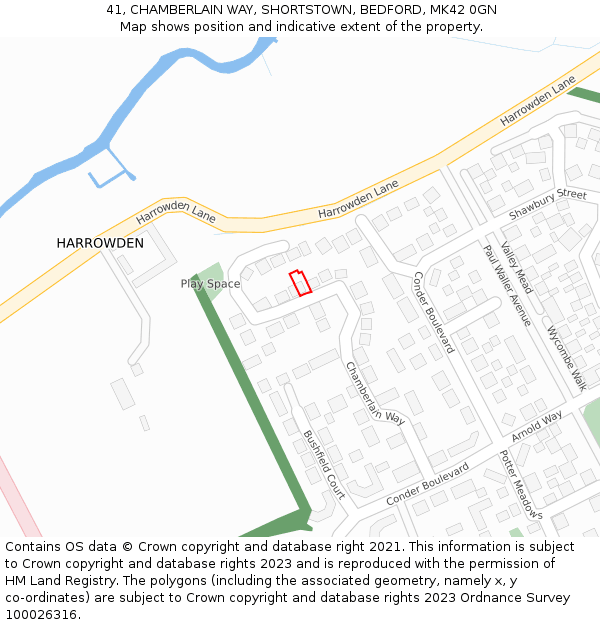 41, CHAMBERLAIN WAY, SHORTSTOWN, BEDFORD, MK42 0GN: Location map and indicative extent of plot