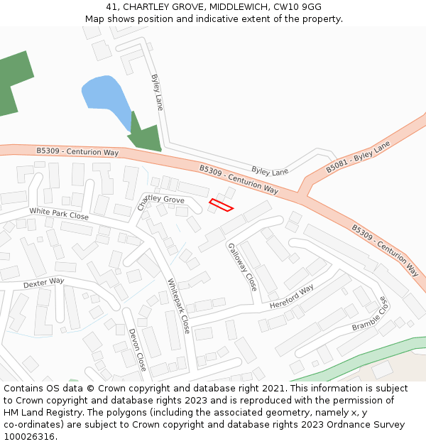 41, CHARTLEY GROVE, MIDDLEWICH, CW10 9GG: Location map and indicative extent of plot