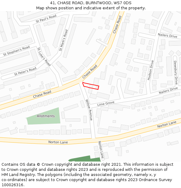 41, CHASE ROAD, BURNTWOOD, WS7 0DS: Location map and indicative extent of plot