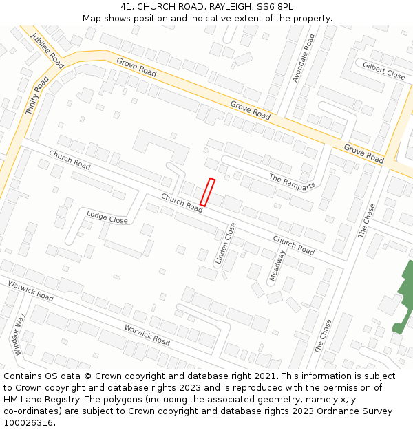 41, CHURCH ROAD, RAYLEIGH, SS6 8PL: Location map and indicative extent of plot