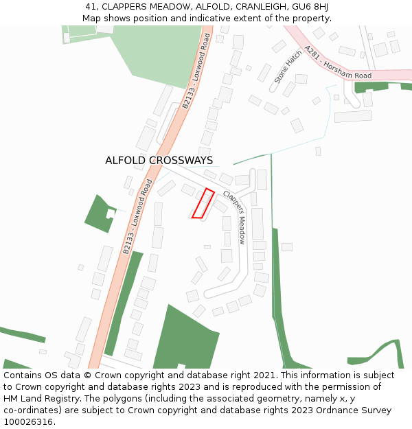 41, CLAPPERS MEADOW, ALFOLD, CRANLEIGH, GU6 8HJ: Location map and indicative extent of plot