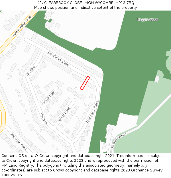 41, CLEARBROOK CLOSE, HIGH WYCOMBE, HP13 7BQ: Location map and indicative extent of plot