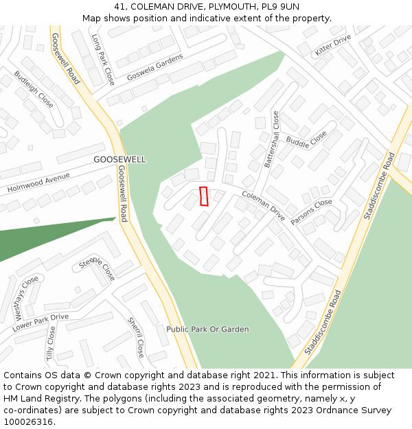 41, COLEMAN DRIVE, PLYMOUTH, PL9 9UN: Location map and indicative extent of plot