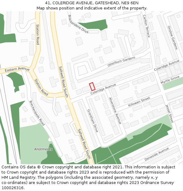 41, COLERIDGE AVENUE, GATESHEAD, NE9 6EN: Location map and indicative extent of plot