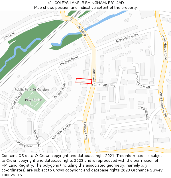 41, COLEYS LANE, BIRMINGHAM, B31 4AD: Location map and indicative extent of plot