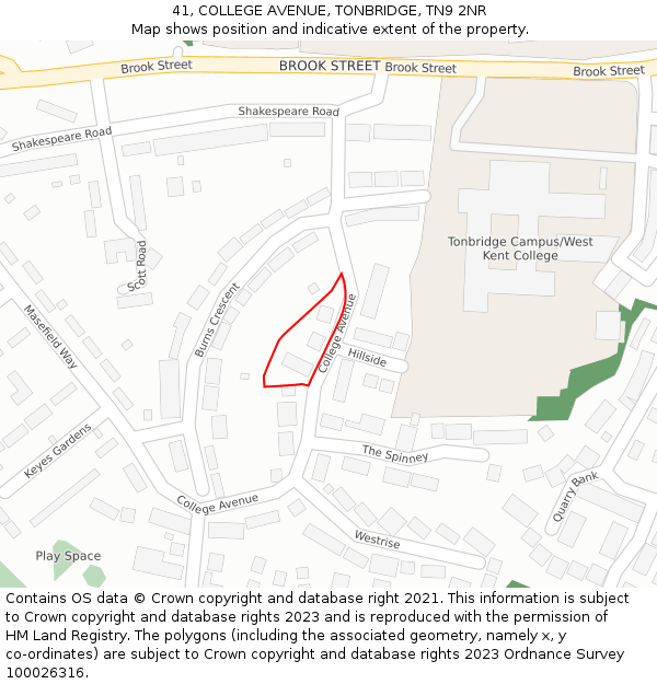 41, COLLEGE AVENUE, TONBRIDGE, TN9 2NR: Location map and indicative extent of plot