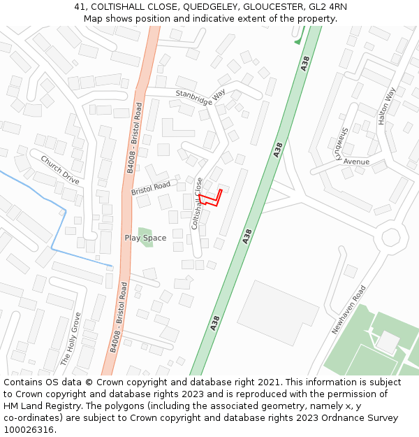 41, COLTISHALL CLOSE, QUEDGELEY, GLOUCESTER, GL2 4RN: Location map and indicative extent of plot