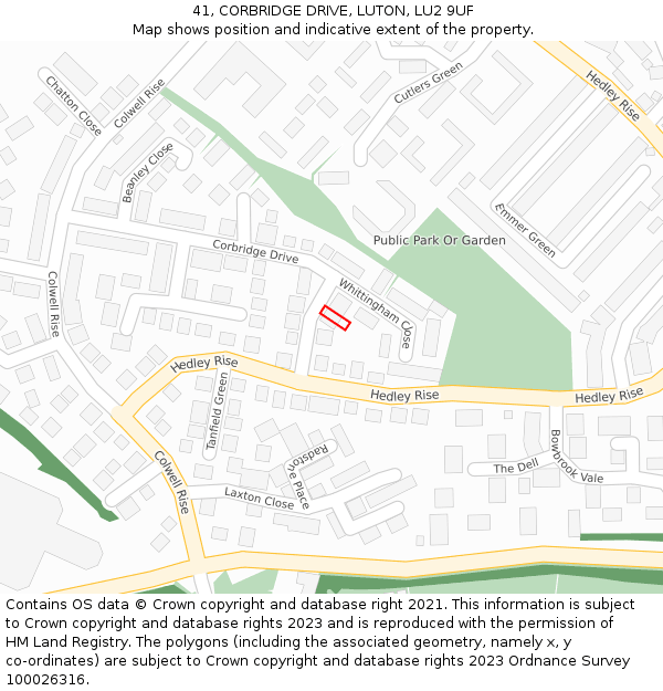 41, CORBRIDGE DRIVE, LUTON, LU2 9UF: Location map and indicative extent of plot